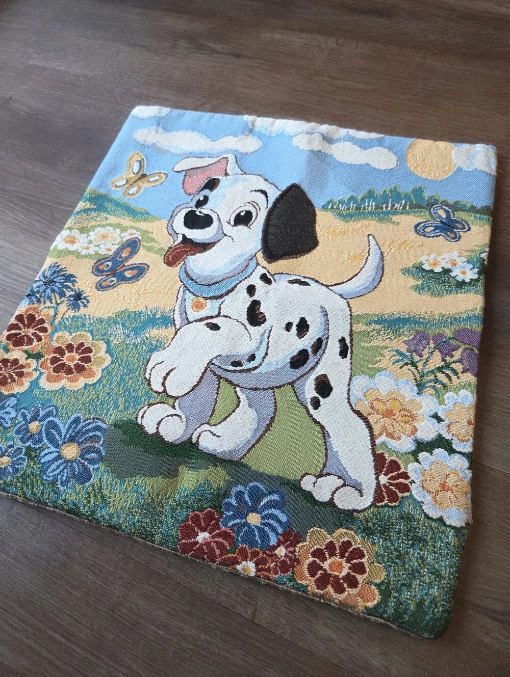 Vintage Disney 101 Dalmations Tapestry Throw Pillow Case, Butterfly & Flowers,